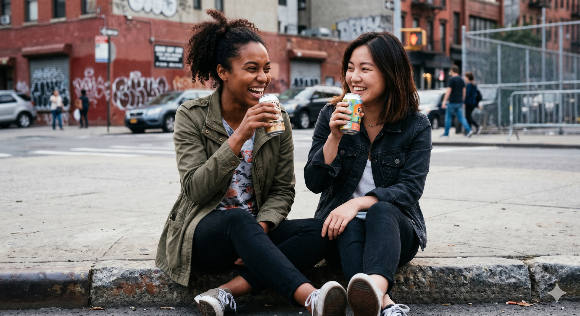 Two friends laughing together on a city sidewalk